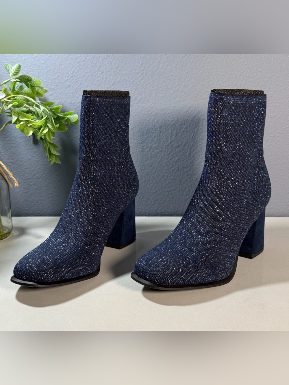 MIA PIANA NYS KNIT Women's Ankle Boots Size 7.5 Glitter Navy Blue 3.15-inch Heel
